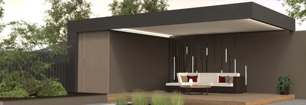Modern outdoor pavilion with flat roof and built-in seating.